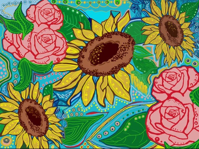 Sunflower Rose vibrant abstract print
