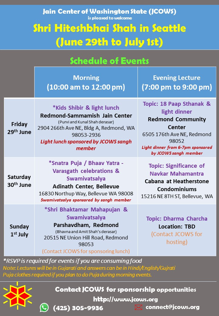 Hiteshbhai Shah in Seattle Detailed Event Schedule