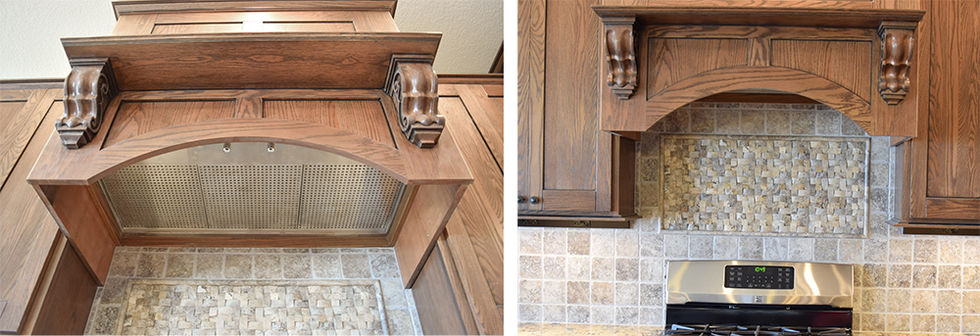 Custom wood range hood. Tile design and mosaic behind the stove.