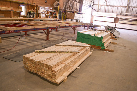 Engineered lumber products inside the Wardcraft Homes' construction facility.