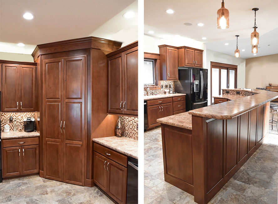 Dark wood-wrapped corner pantry in kitchen. Dark wood island in kitchen.
