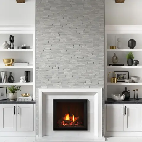 Fireplace with gray tile.