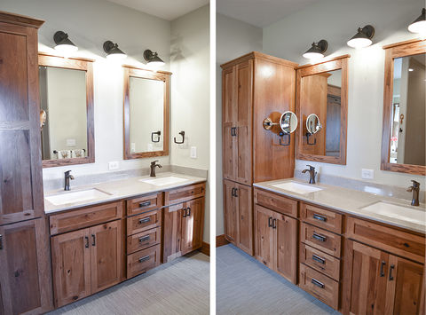 Bathroom includes dark wood cabinets, double-sink vanity, and Ripley Exterior lights above mirrors.