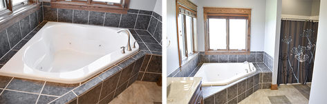 Master bathroom with Tercet corner tub near windows.