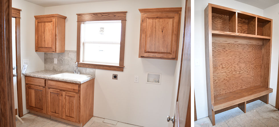 Mudroom with laundry connects, cabinets, utility sink, and cubbies with bench.