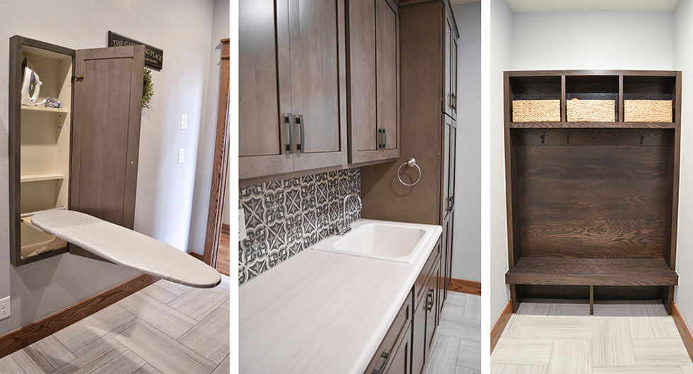 Ironing board cabinet, Wilson Art laminate countertop, and oak wood bench with cubbies.