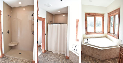 Master bathroom collage with onyx shower and Kohler whirlpool in corner.