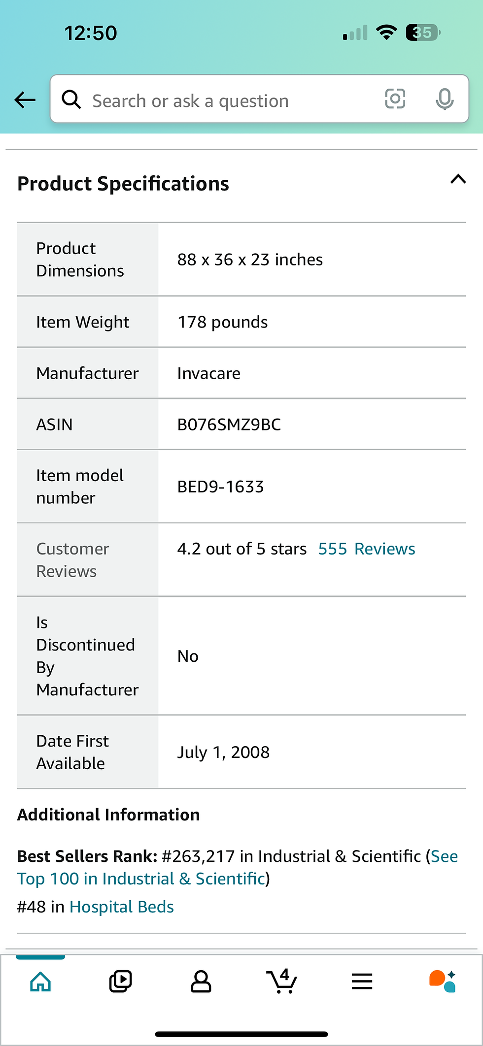 Thumbnail: Invacare Homecare Bed Bundle Innerspring Mattress & Half Length Bed Rails Full-E