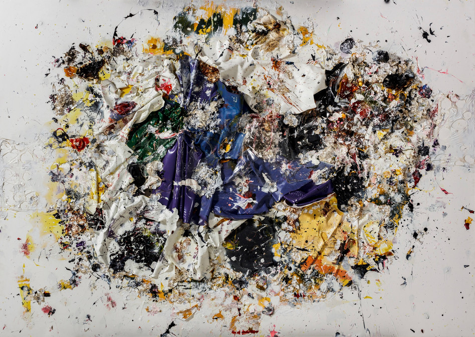 Untitled
2015
Handmade sterling silver, trash, household paint sheets, egg yolk preserved in resin, egg shell, assortment of plastic on canvas
8 x 12 feet x 13 inches deep