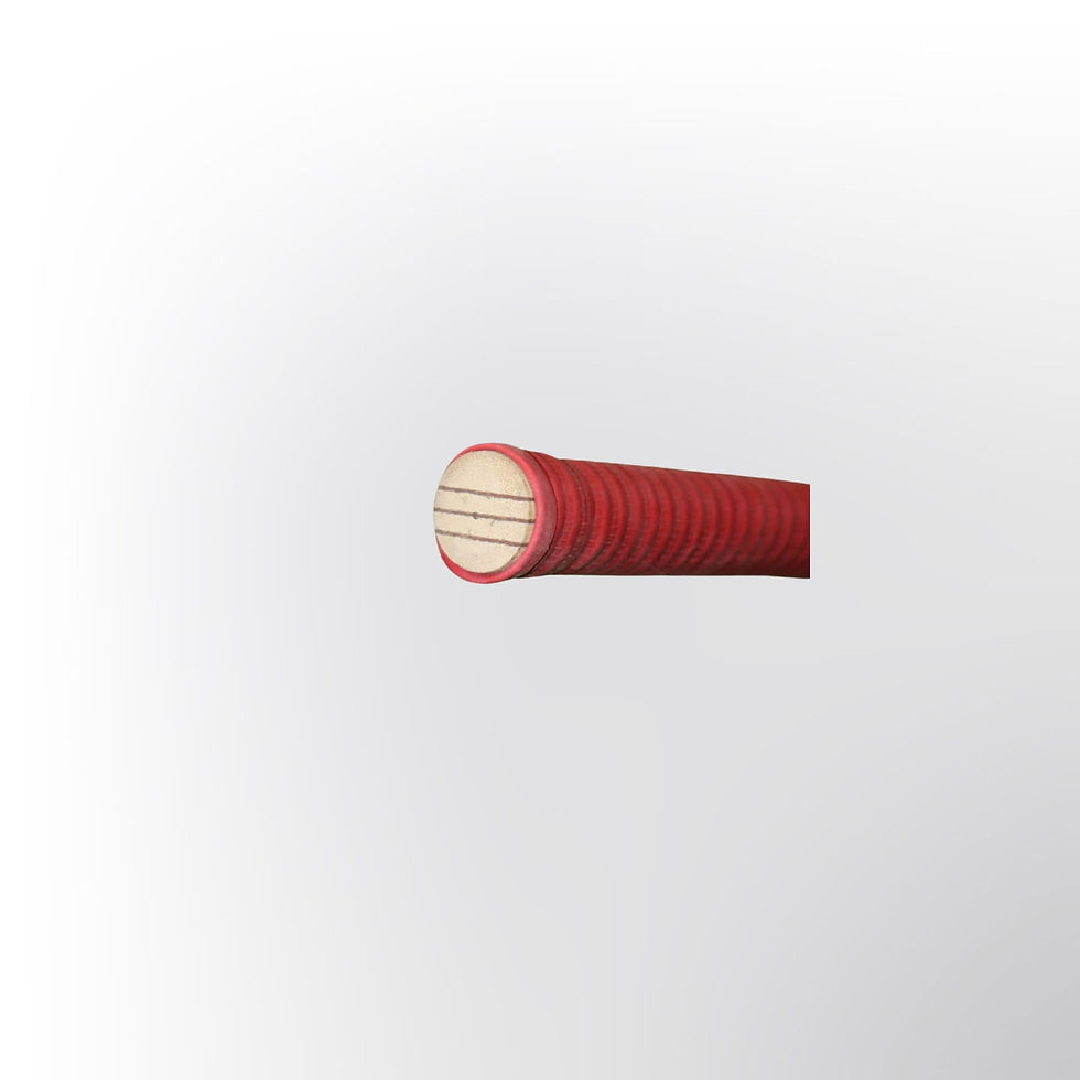 Thumbnail: Red and white handled RAIJIN Hitman Kashmiri Willow Tennis Bat, ideal for cricket, TOP OF HANDLE CLOSE UP
