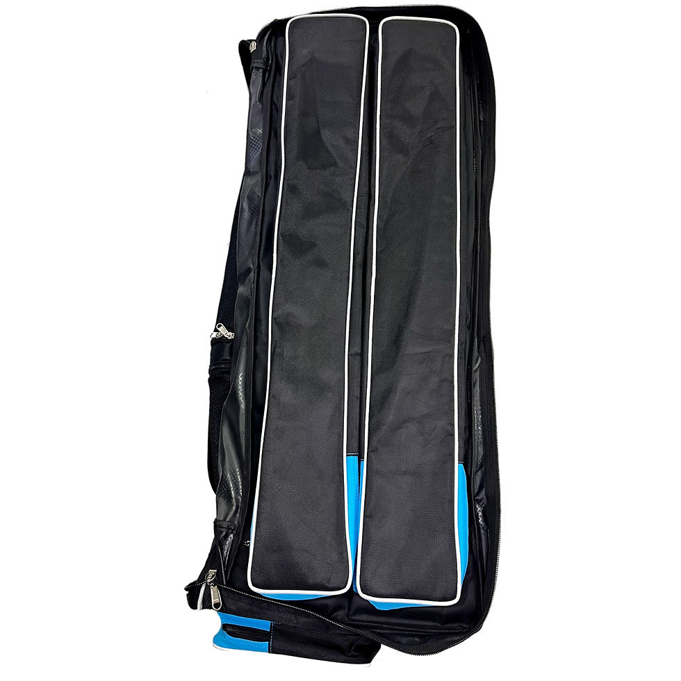 Thumbnail: RAIJIN cricket bag: Double decker with wheels, perfect for cricket gear. Blue and black design.