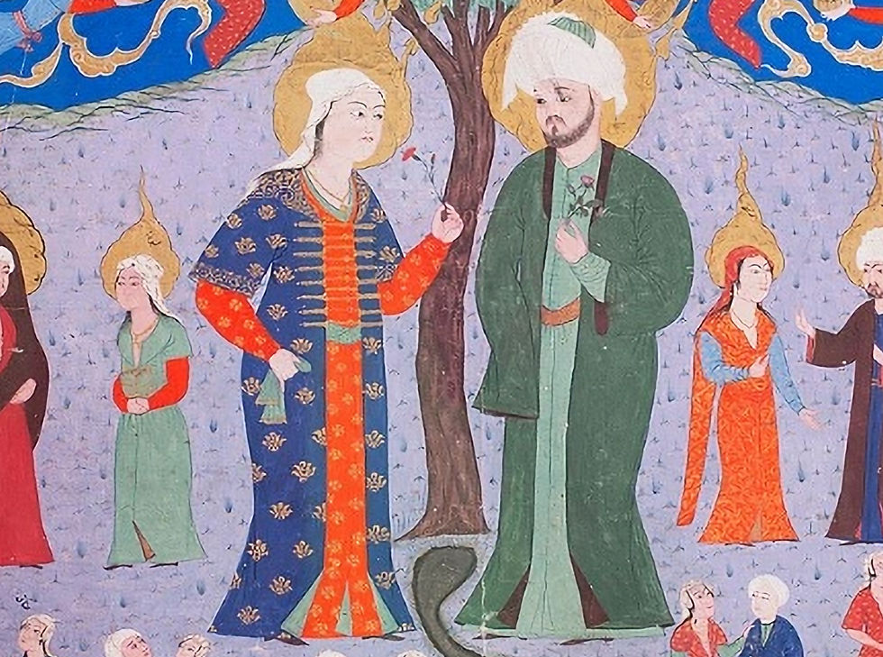 Adam og Eva med deres tretten tvillingebørn, miniature i osnmanisk manuskript af Zubdat al-Tawarikh 1583. Public domain