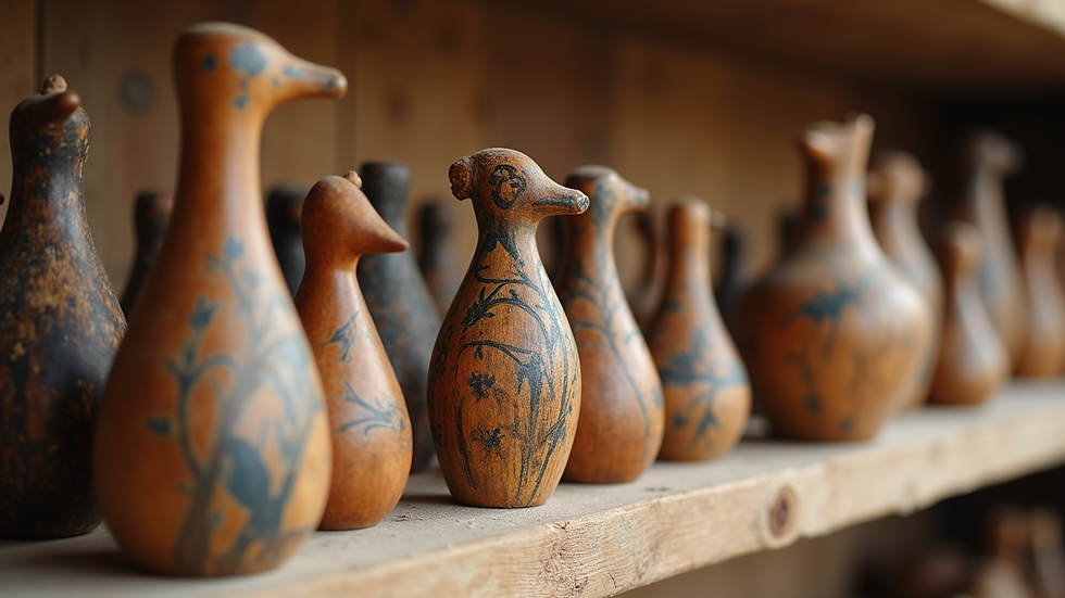 Close-up view of hand-painted wooden crafts in a Sarchí workshop