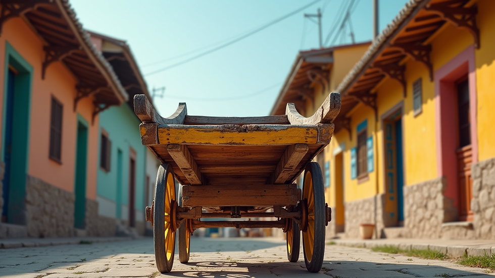 Eye-level view of a colorful wooden cart in Sarchí