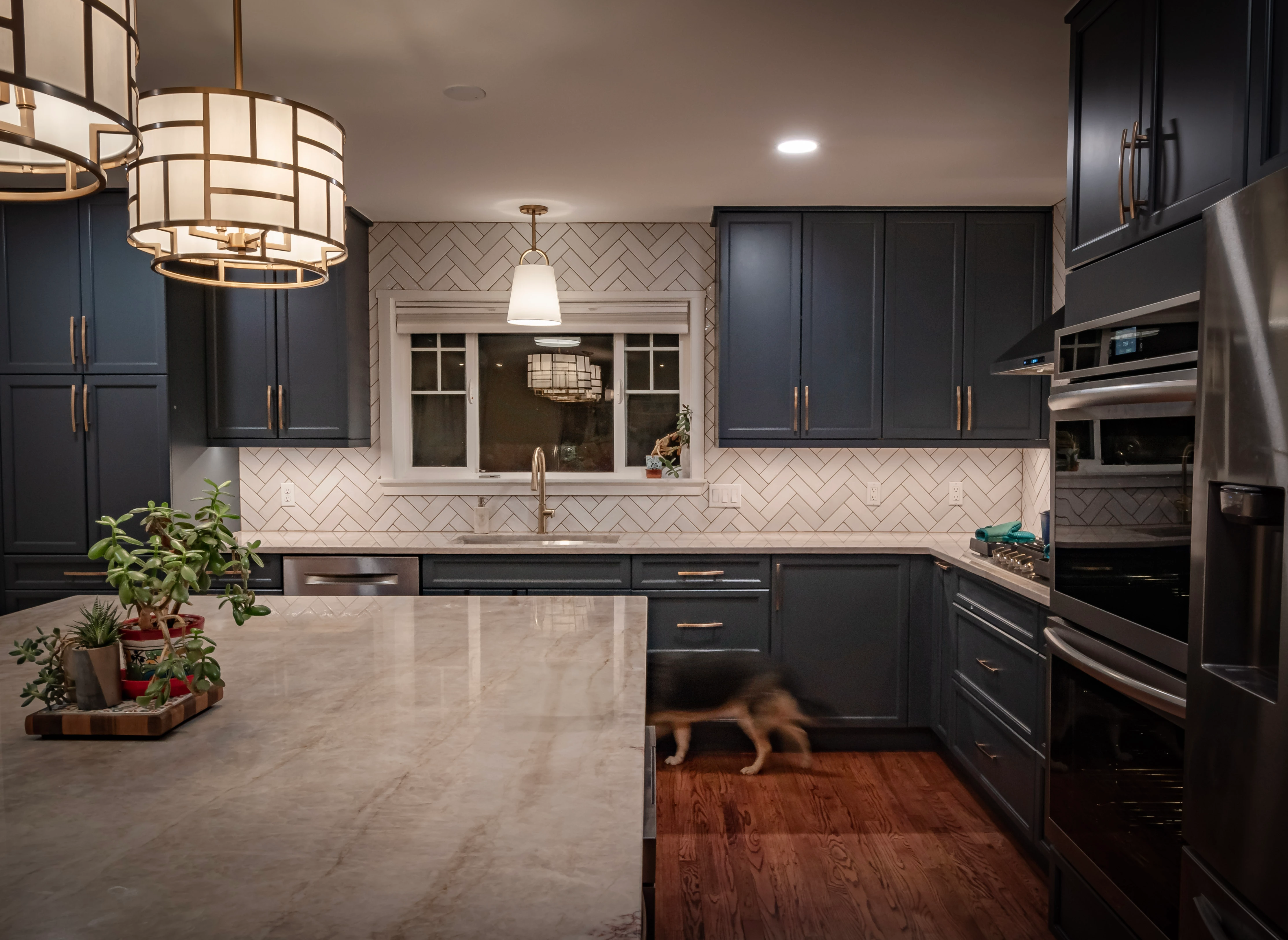 Modern kitchen with blue cabinets, island, backsplash, and dog