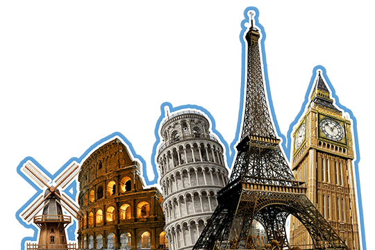 puntos de referencia europeos icónicos como el coliseo, molino neerlandés, la tore de pisa, la torre eiffel, y Big Ben   