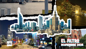 Collage of urban scenes including a waterfront, city skylines, a decorated Christmas tree, and a street view, with the text "EL FILTRO NOVIEMBRE 2025" in bold letters.