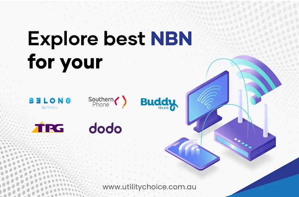 Explore best NBN providers: Logos of Belong, Southern Phone, Buddy Telco, TPG, Dodo. Icons of monitor, phone, router. www.utilitychoice.com.au