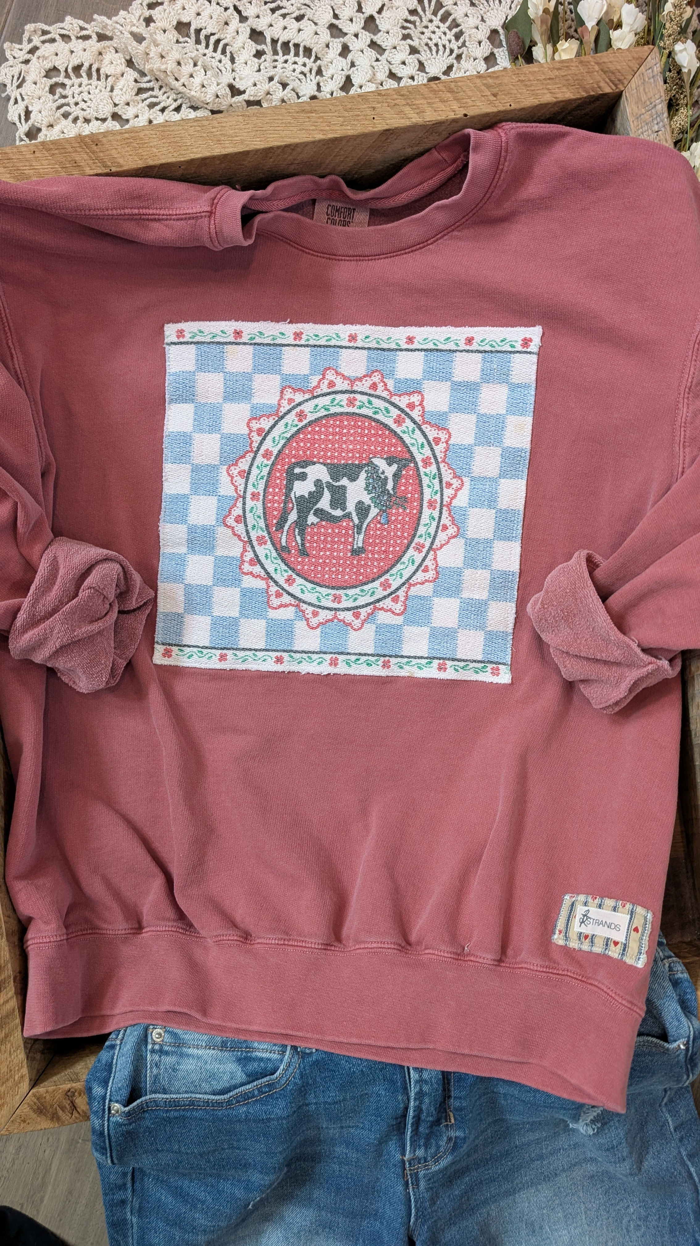 Medium • Checkered Holstein Crewneck • Crimson