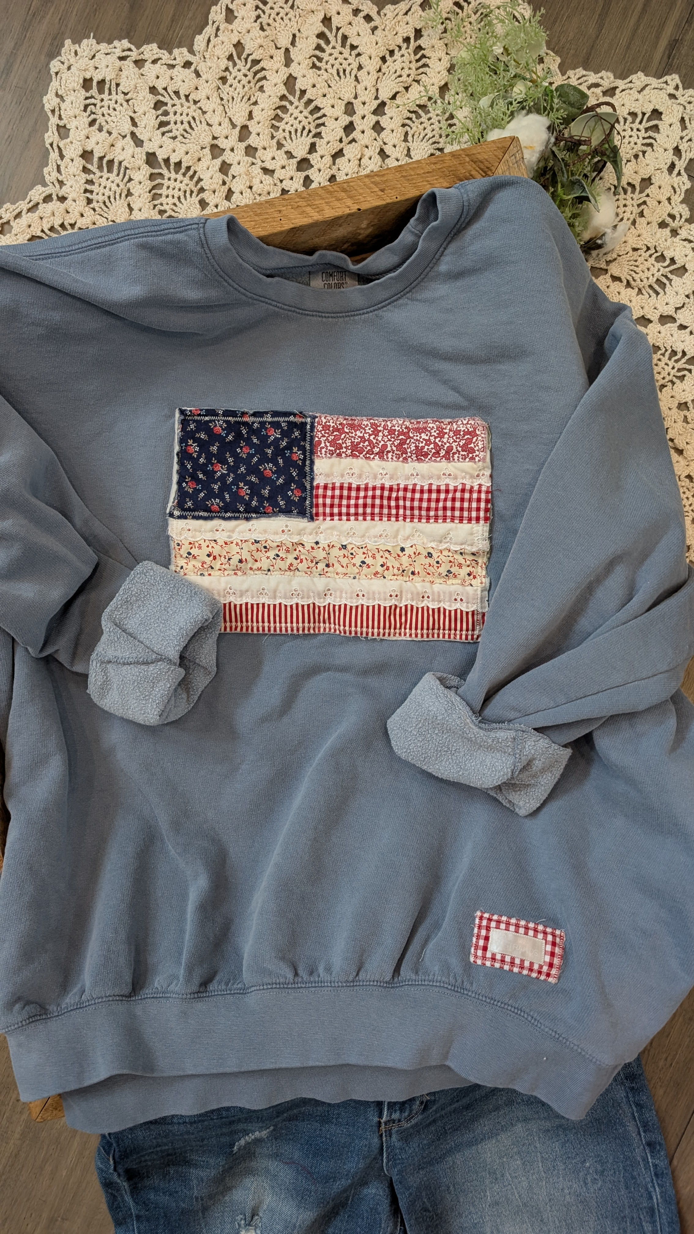 Small • Scrappy Flag Crewneck • Denim