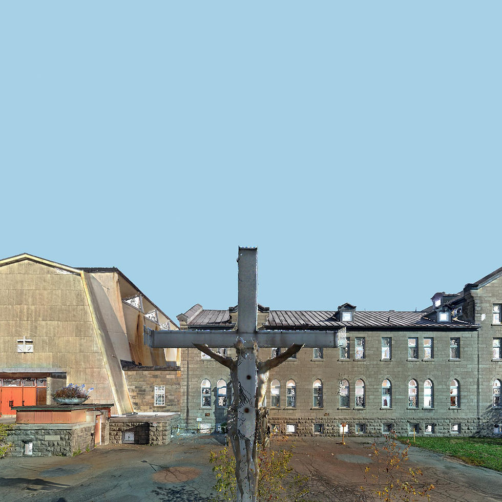 Point cloud from a 3D scan and LiDAR digitization showing the main facades in color of the Catholic Church of the Resurrection in Montreal for Revit modeling.