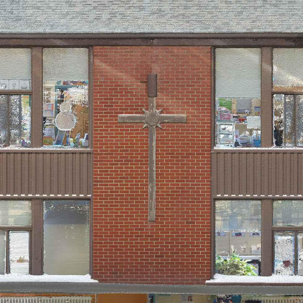 The cross on the wall of the Piché-Dufrost Elementary School represented as a colored point cloud after 3D scanning.
