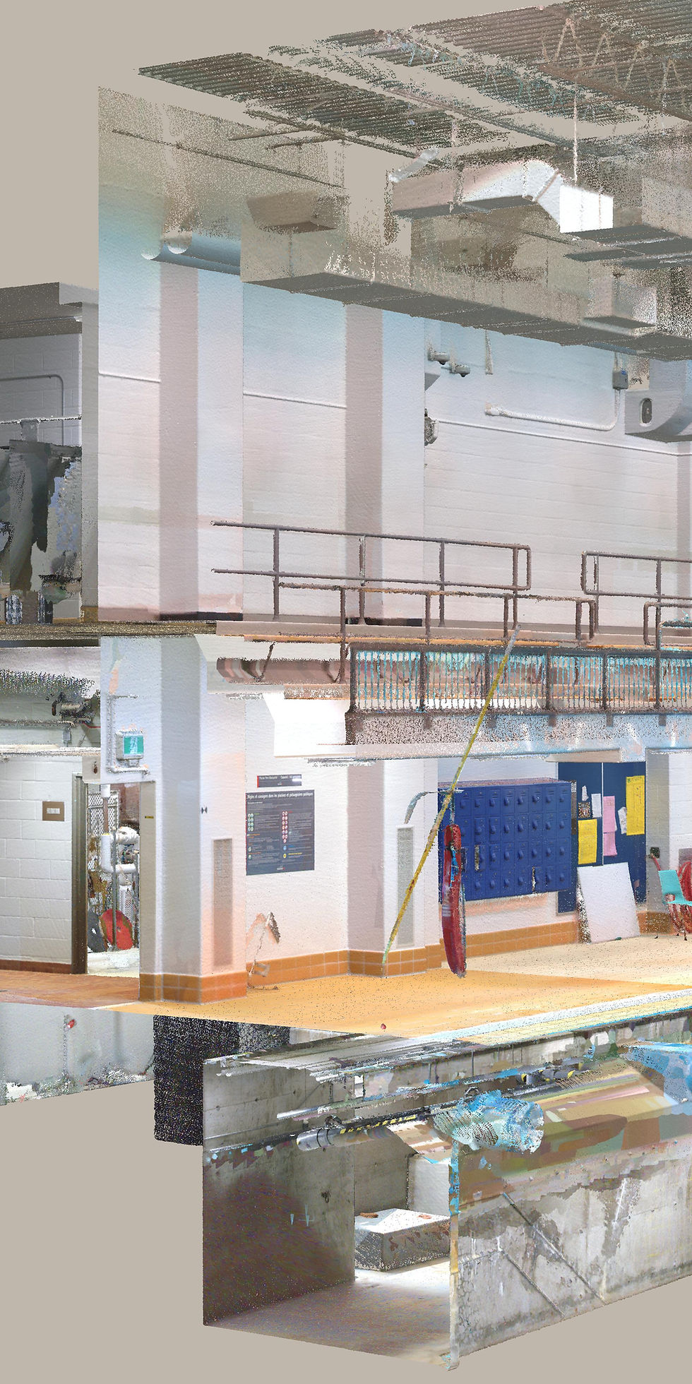 Perspective section view of the RGB color point cloud of the Père-Marquette Center pool for Revit modeling and CAD drawings