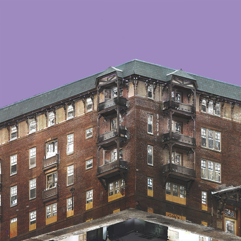3D scanning using terrestrial LiDAR of the Prince Arthur building in Montreal, Quebec – high-density color point cloud showing the brick facade, balconies, and architectural details for the production of accurate AutoCAD plans and elevations.