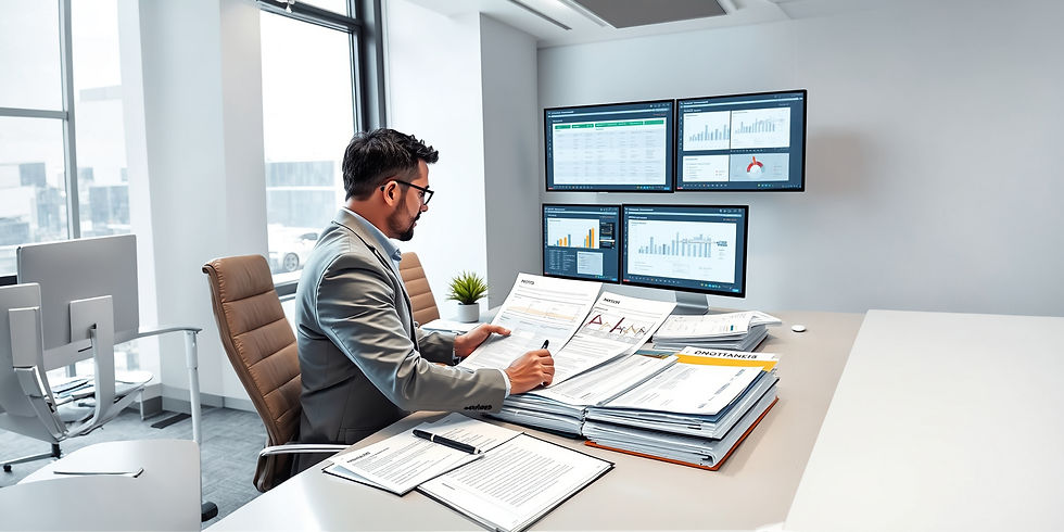 Project Management Consultant in office suit reviews documents, surrounded by four screen displays showing graphs. Modern office setting, bright light streams in.