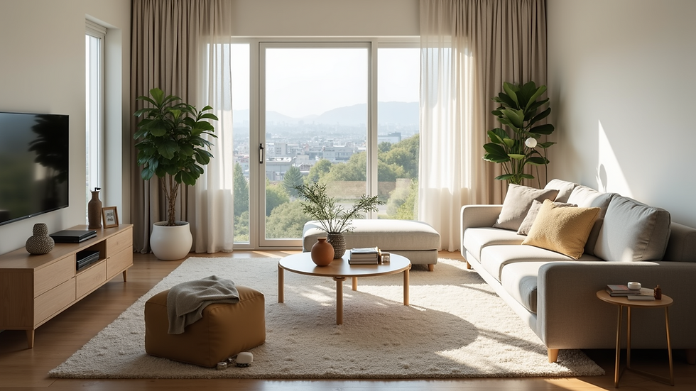 High angle view of a clean and organized living room