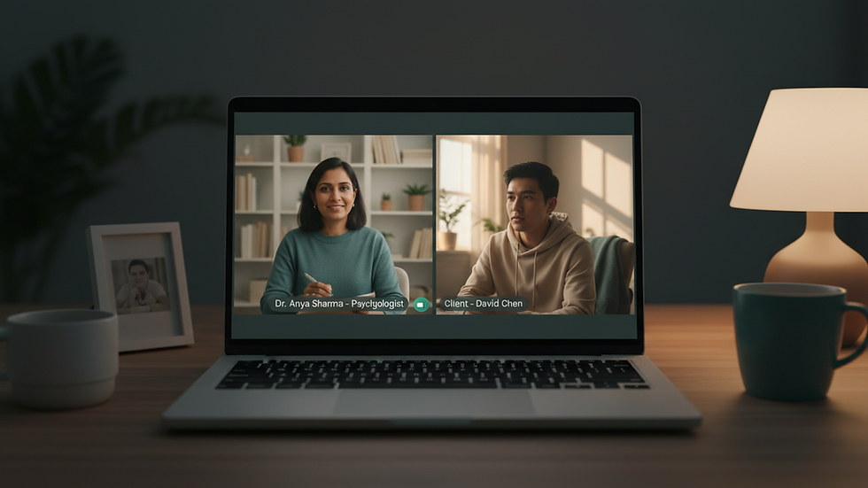 Eye-level view of a laptop showing a video call with a psychologist