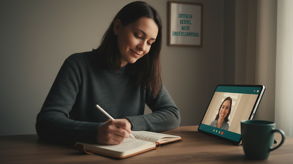 Plano medio de una persona tomando notas durante una sesión de terapia en línea