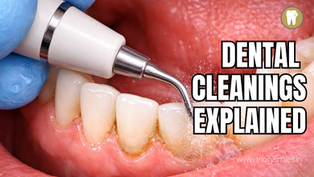 Dental cleaning close-up with a tool on white teeth. Text reads "Dental Cleanings Explained". Logo of a tooth at the top right.