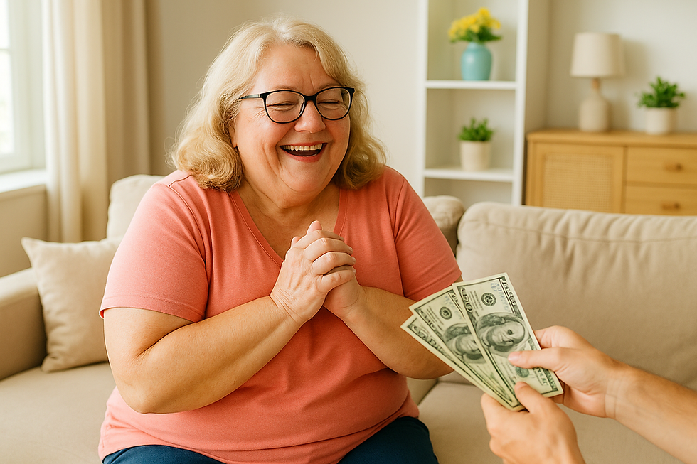 Happy elderly woman receiving cash at home +secure and fast payments for seniors