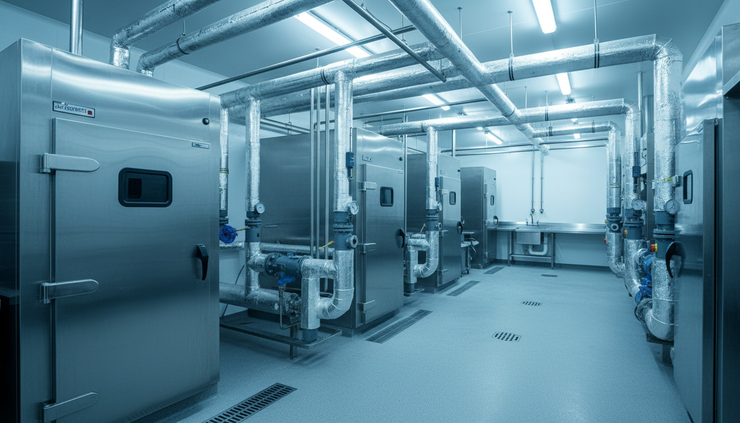 Eye-level view of refrigeration equipment inside a small food processing facility.