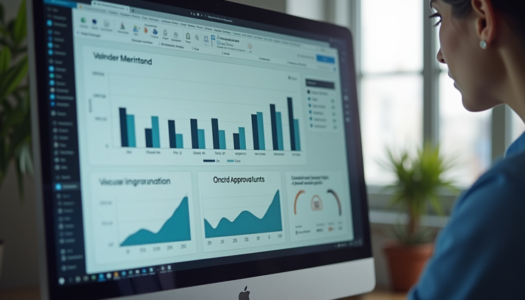 Eye-level view of a computer screen showing vendor spend dashboard with charts and approval status