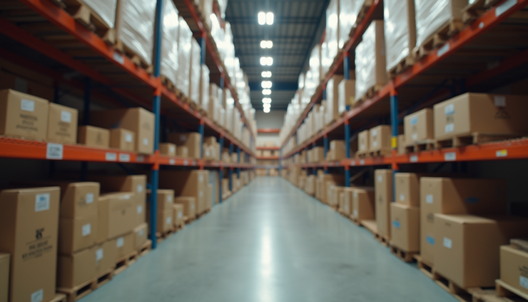 Eye-level view of warehouse shelves stocked with boxes and inventory