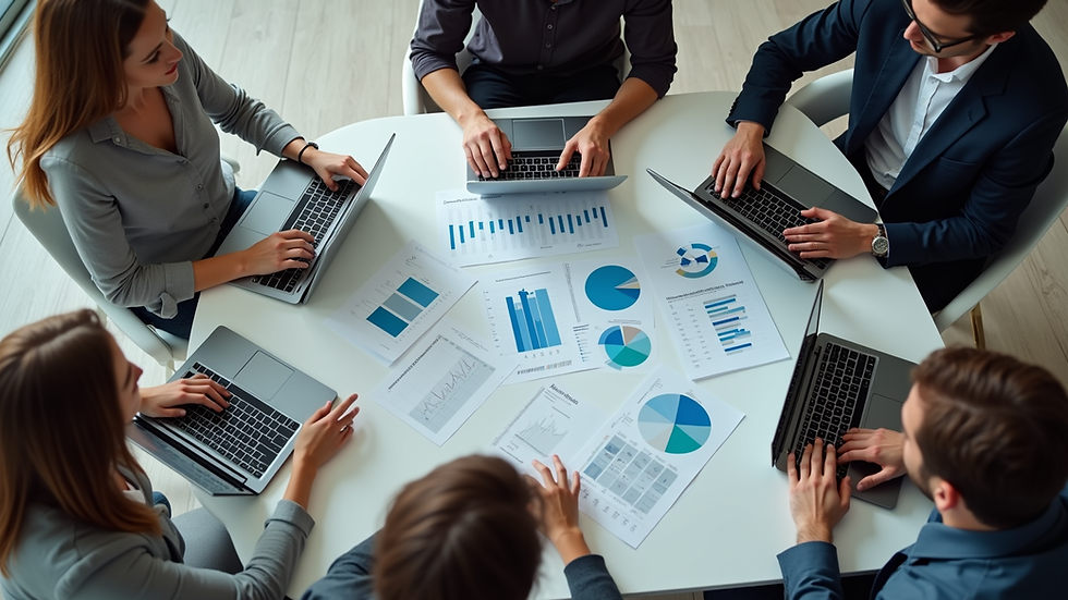 High angle view of a team meeting around a table with laptops and financial charts