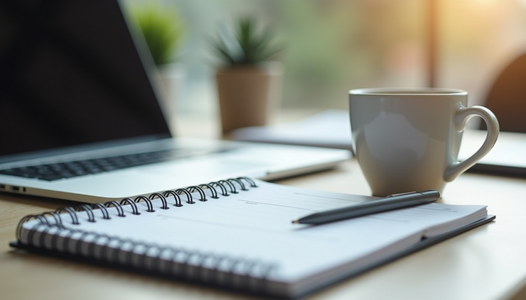 Eye-level view of a focused workspace with a planner, laptop, and coffee cup