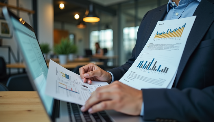 Eye-level view of a startup founder reviewing financial reports on a laptop
