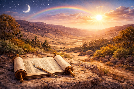 Torah scroll in desert sunset.png