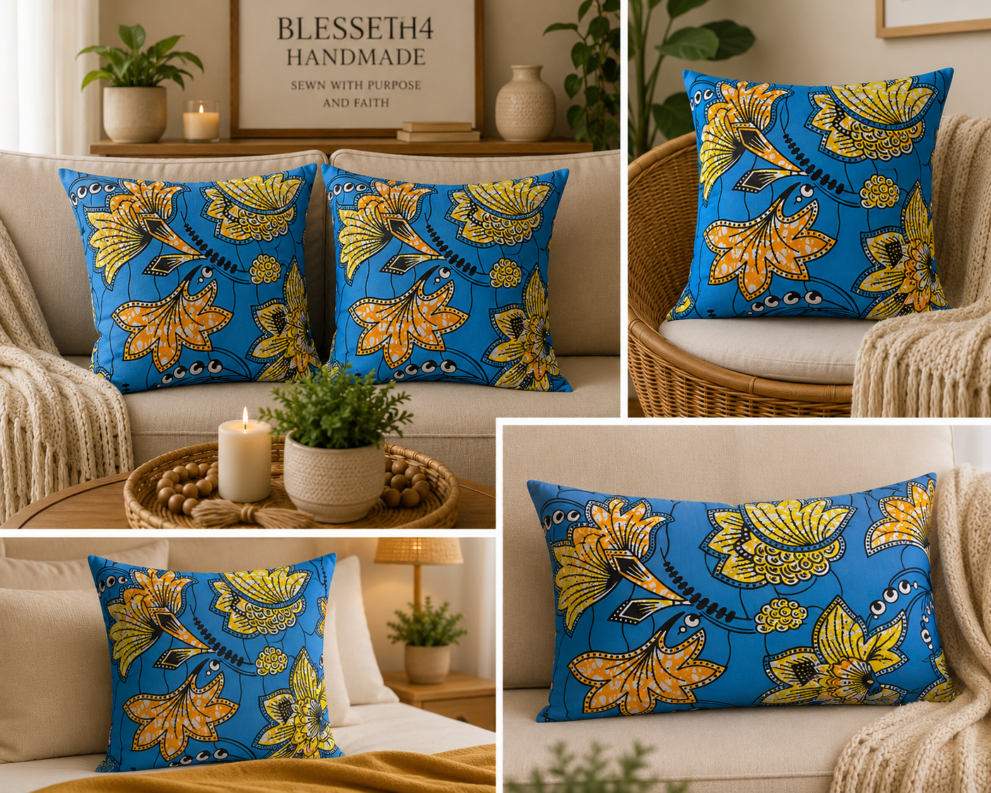 Blue & Gold Floral African Print Pillow Cover