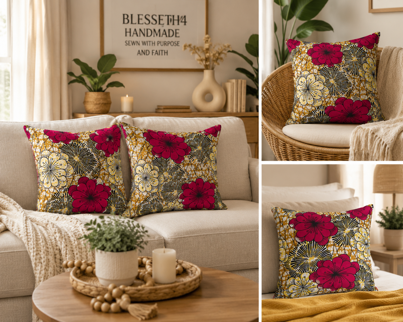 Burgundy Floral African Print Pillow Cover