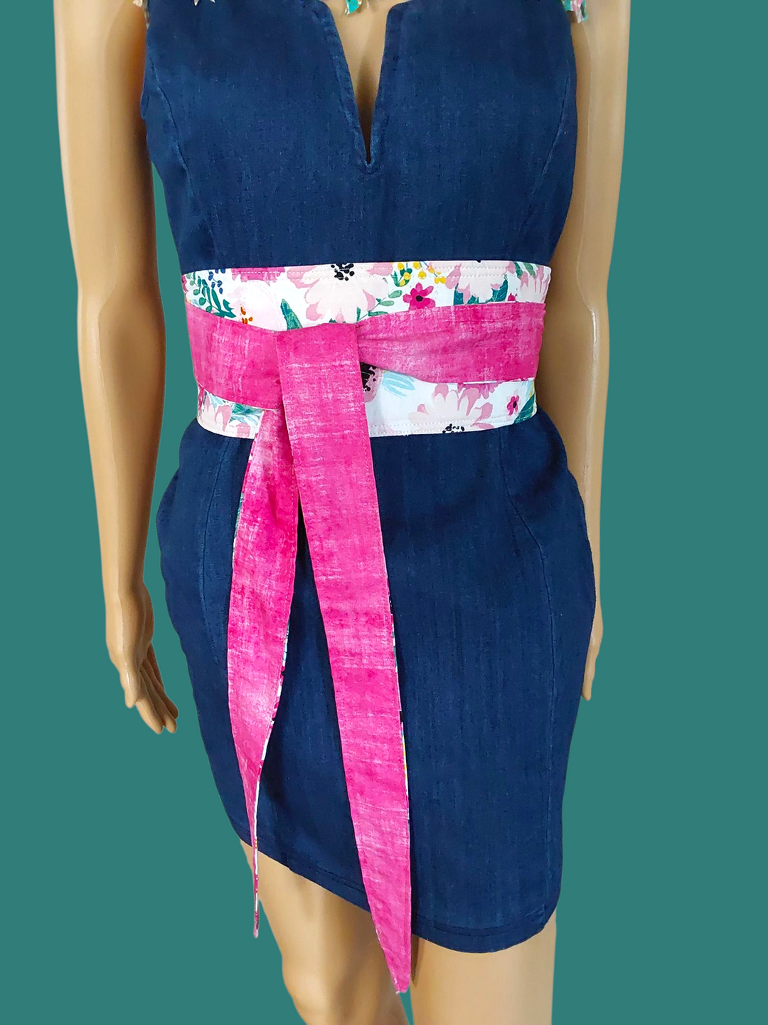 Reversible Obi Belt – Watercolor Floral & Dark Blue | Handmade Wrap Belt