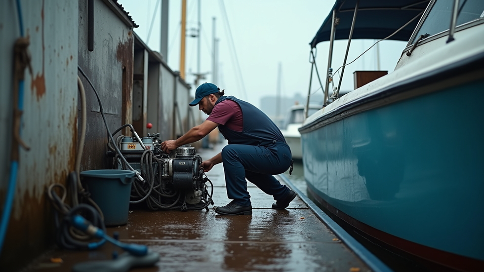 Eye-level view of a boat dock with a marine mechanic working on a boat engine