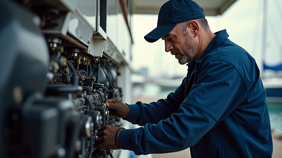 Eye-level view of a marine technician repairing a boat engine at a marina