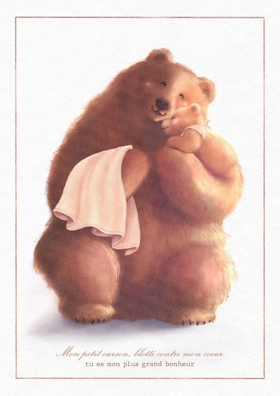 Affiche maman ourse câlinant son ourson, dans des tons doux et chaleureux couverture beige