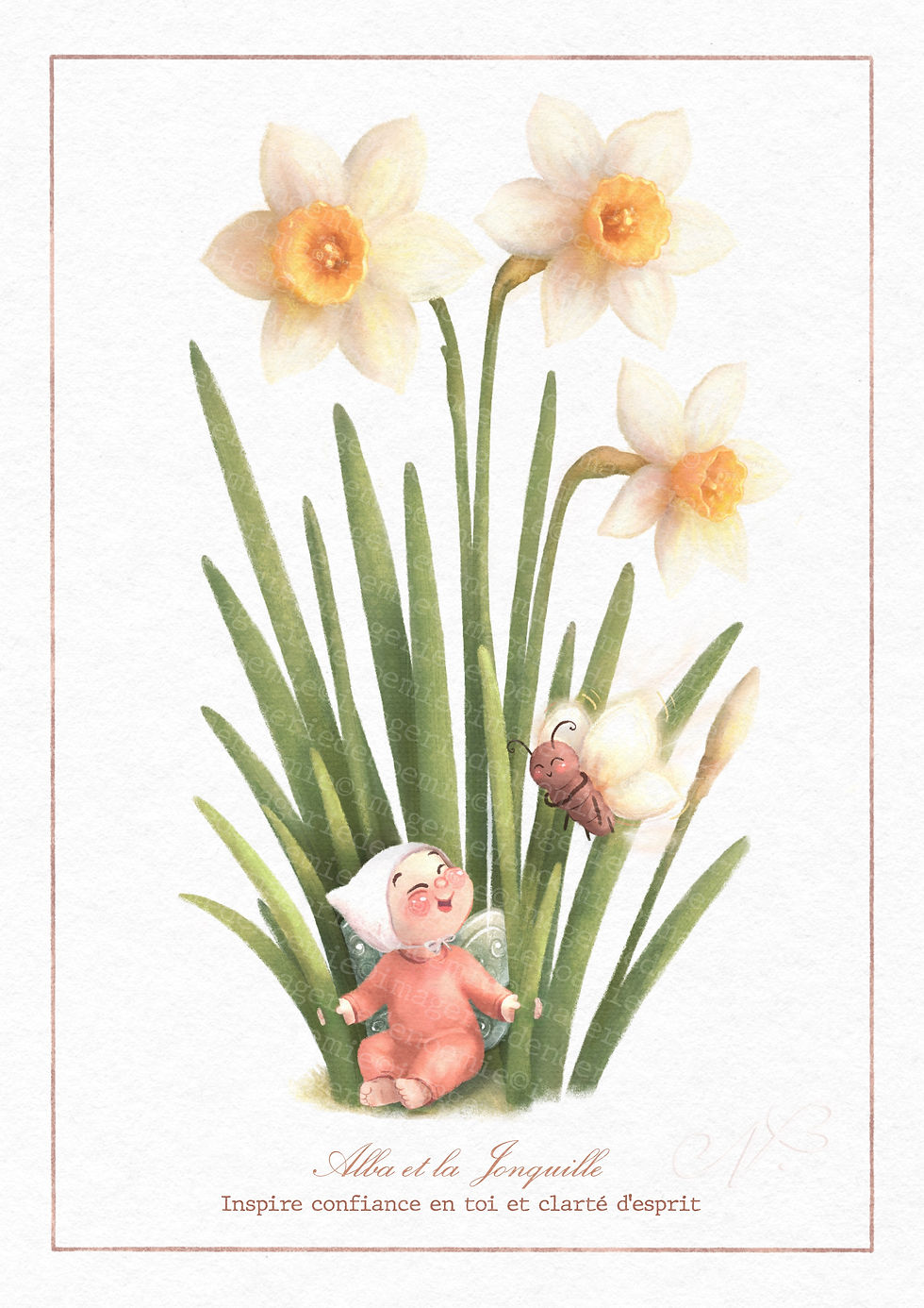 Affiche personnalisable bébé fleur Jonquille - illustration enfant douce style imagier – cadeau naissance
