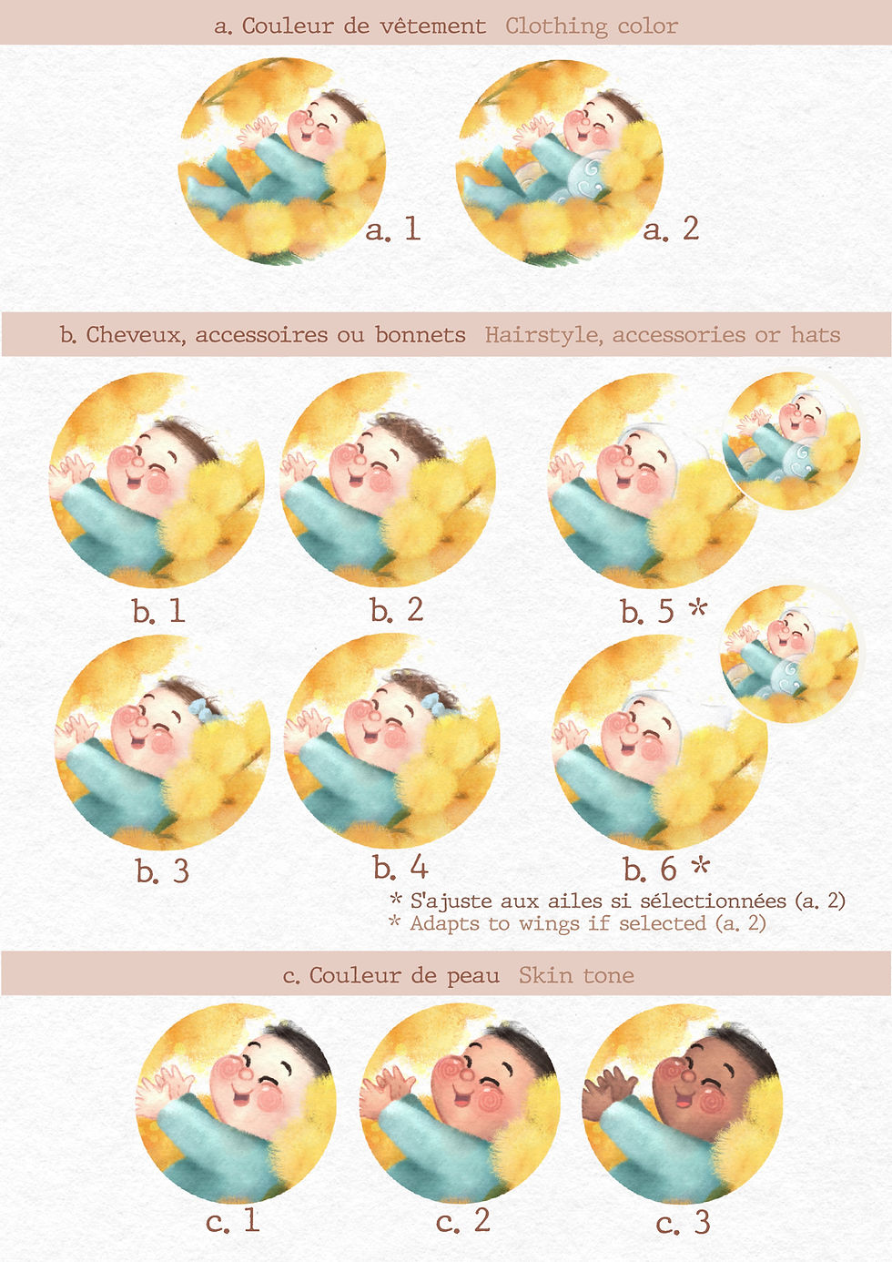 Détails personnalisation affiche bébé - choix des coiffures, vêtements et accessoires