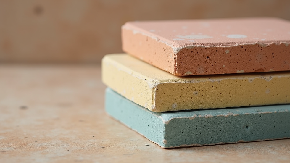 Close-up view of stacked ceramic tiles with different colors and textures